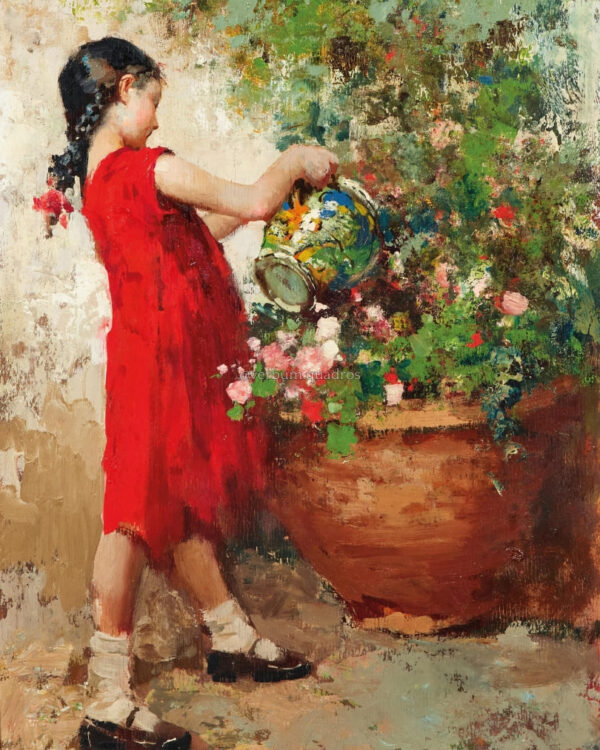 Uma jovem regando flores